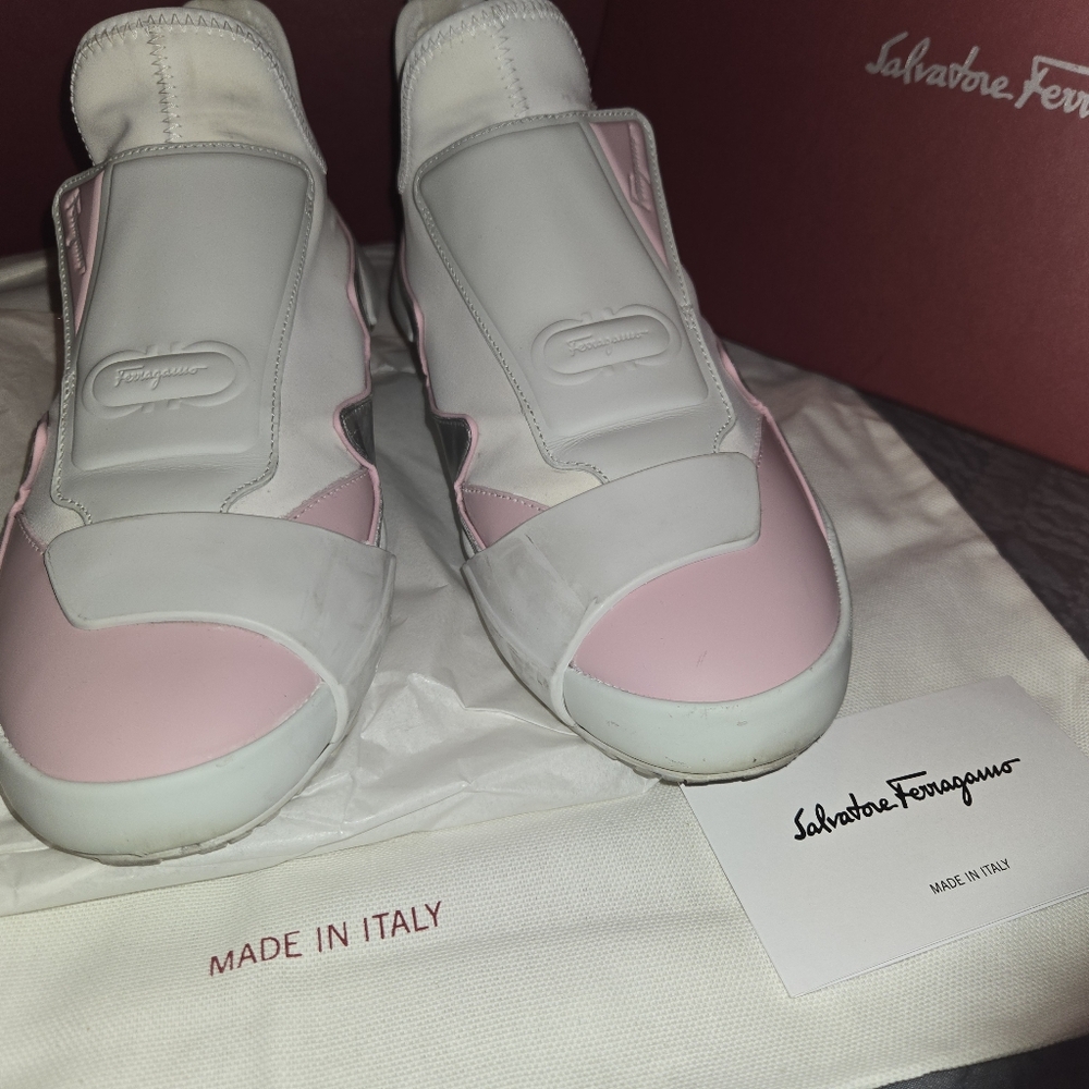 Ferragamo Nile Neoprene leather women's Sock sneakers Pink and white 8.5/ 39 - Picture 4 of 14